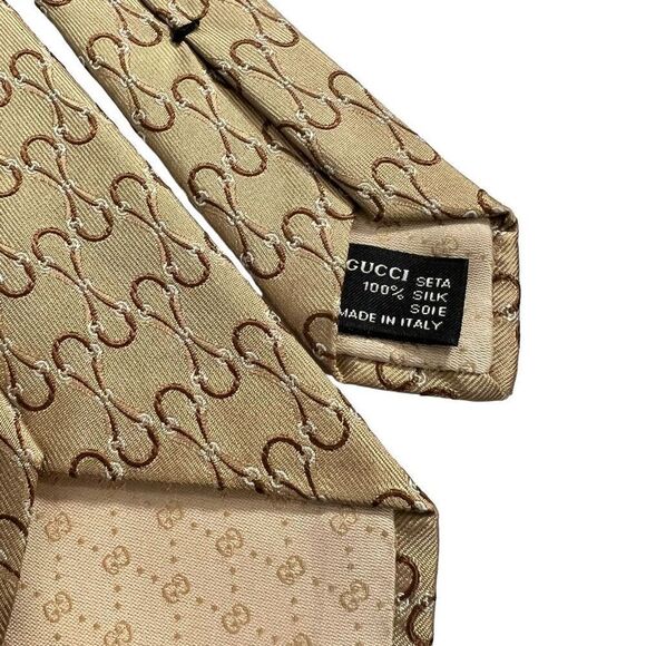 Gucci Golden Brown Silk Necktie Interlocking GG Pattern Men’s - Picture 2 of 9